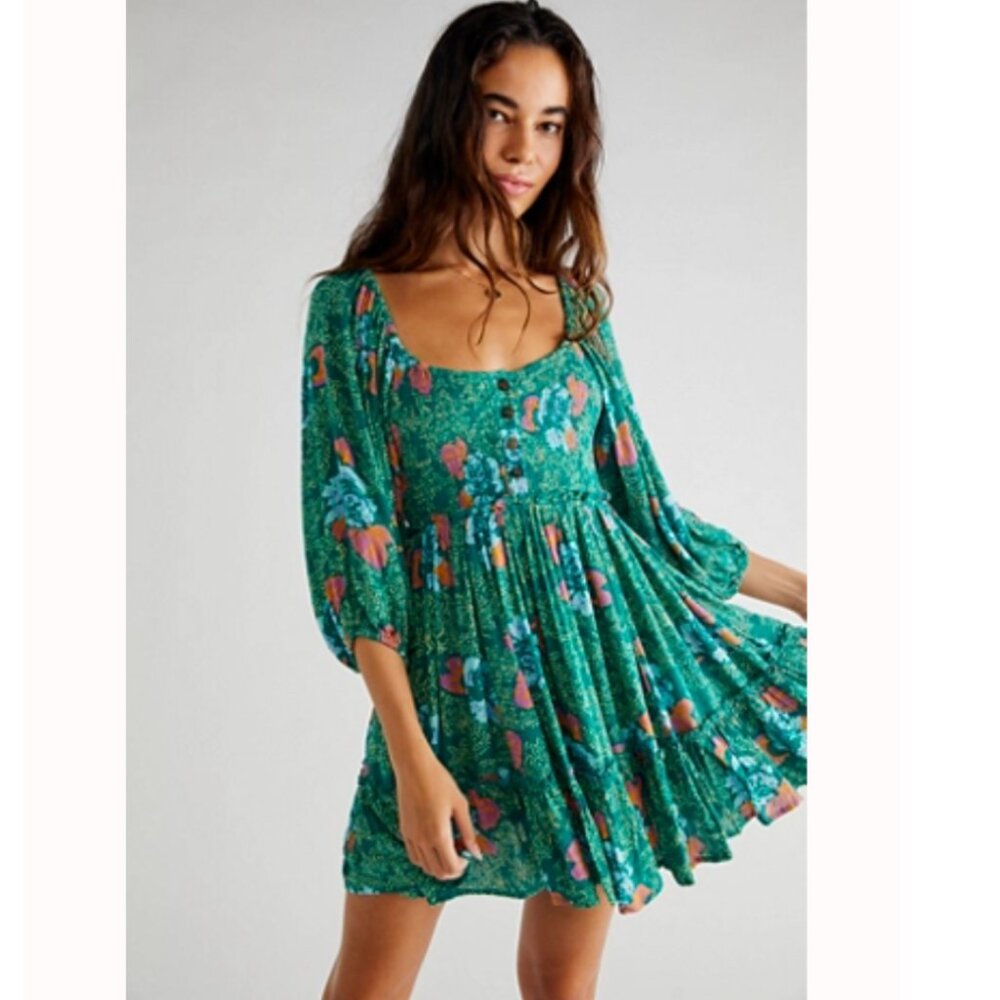 Green Floral Scoop-Neck Mini Dress